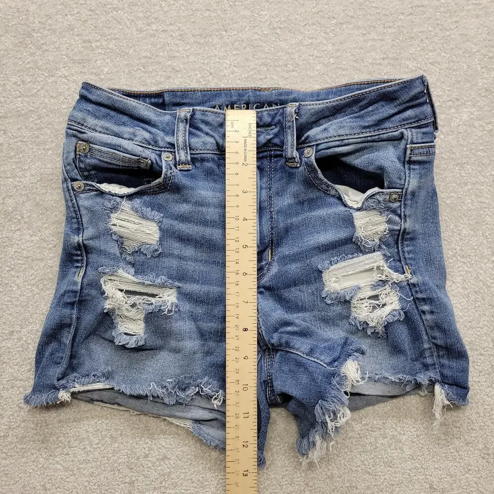 American Eagle Women Size 4 Hi Rise Shortie Distressed Denim Jean Shorts Stretch